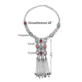 Turquoise Rhinestone Long Tassel Necklace for Women Gold