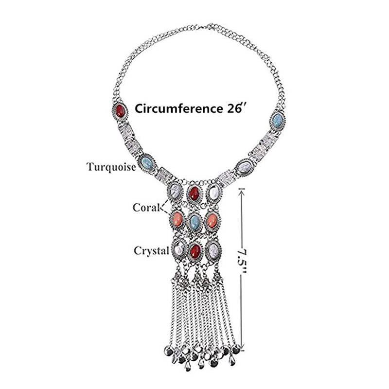 Turquoise Rhinestone Long Tassel Necklace for Women Silver