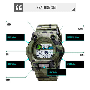 Kids LED Sports Camouflage Watch Waterproof Digital Electronic Military Wrist Watches-Red