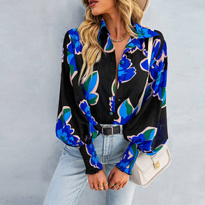 Printed Blouses for Women Button Down Long Sleeve Shirts Loose Fit Tops-Black