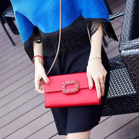Womens Fashion Square Buckle Design Evening Bag with Chain Strap-Red