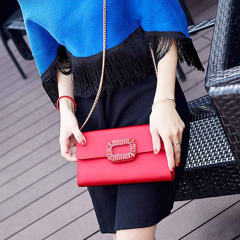Womens Fashion Square Buckle Design Evening Bag with Chain Strap-Red