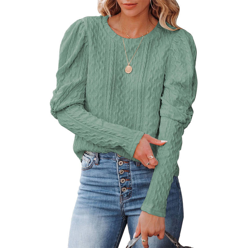 Womens Long Sleeve Sweaters Solid Color Jacquard Weave Round Neck Knit Tops-Green