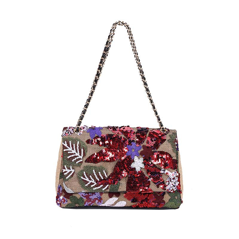 Women Fashion Crossbody Embroidery Shoulder Bag with Chain for Vacation-WineRed