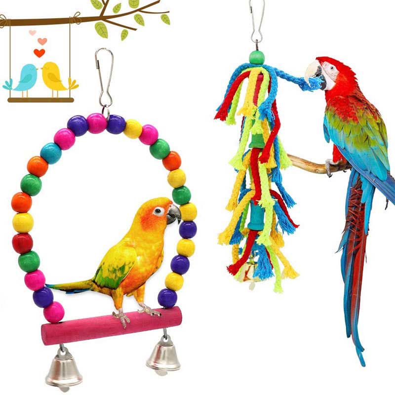 6Pcs Bird Swing Toys Parrot Chew Natural Wood and Rope Bungee Toys