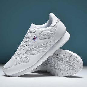 Couples Leather and Mesh Sneakers Lace up Lightweight Cushioned Sport Shoes-White