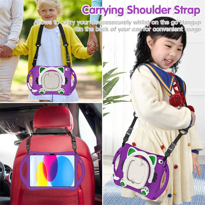 Cat Tablet Case For iPad 10th Kids Friendly with Handle Stand-Purple