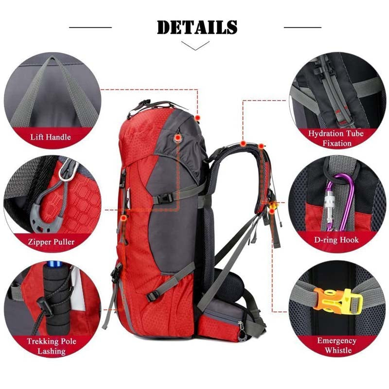 60L Waterproof Lightweight Hiking Backpack with Rain Cover for Climbing Camping-Red