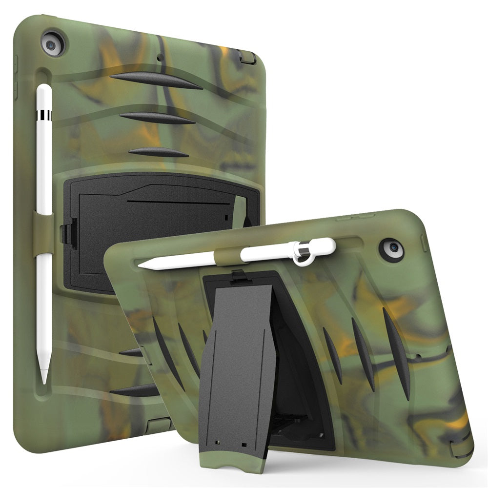 Shock Wave Kickstand Case Anti-Fall Protection With Pencil Holder+Cap For New iPad 7 10.2inch(2019)-Camouflage