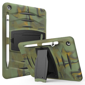 Shock Wave Kickstand Case Anti-Fall Protection With Pencil Holder+Cap For New iPad 7 10.2inch(2019)-Camouflage