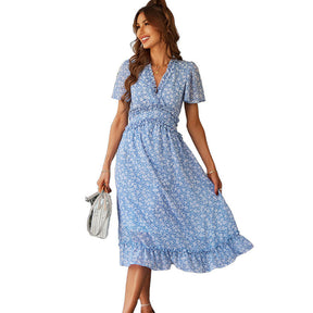 Womens V Neck Floral Dress Summer Beach Vacation Chiffon Dress-Blue