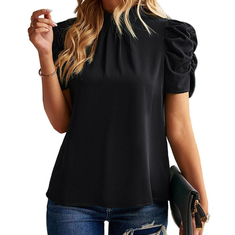 Womens Mock Neck Puff Tops Casual Loose Solid T Shirt Cuffs Pullovers-Black