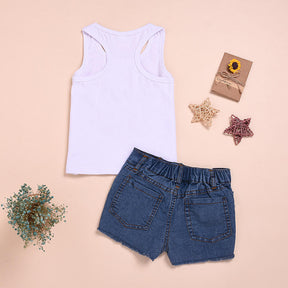 2Pcs Baby Girl Sunflower Outfits Sleeveless Tank Top and Denim Shorts Summer Clothes-White