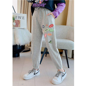 Girls Joggers Long Pants Pockets Outdoor Casual Trousers with Drawstring Icon-Gray