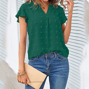 Womens Ruffle Shirts V Neck Short Sleeve Pom Chiffon Blouses Tops-Dark Green