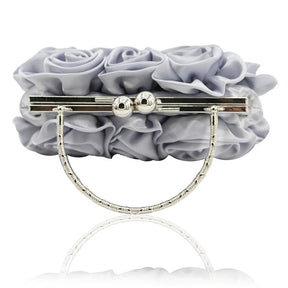 Roses Clutch Purse Satin Money Clip Evening Handbag-Silver