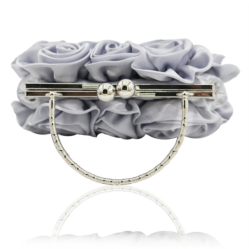 Roses Clutch Purse Satin Money Clip Evening Handbag-Silver