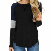 Womens Color Block Round Neck Tunic Top Casual Long Sleeve Shirt-Black