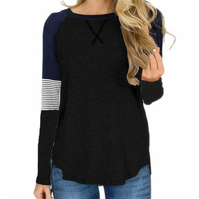 Womens Color Block Round Neck Tunic Top Casual Long Sleeve Shirt-Black