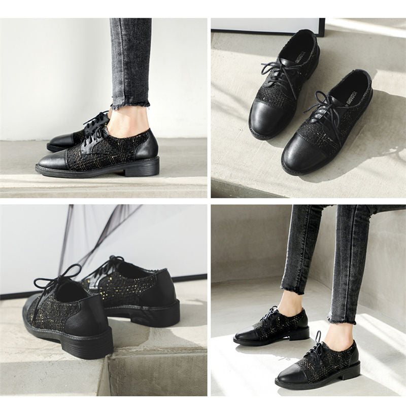 Womens Vintage Oxfords Lace-up Low Heel Brogues Shoe-Black