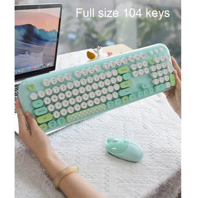 Wireless Keyboard and Mouse Combo Cute Cat Colorful Round Keys for Computer-White