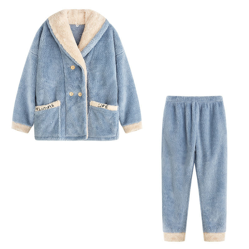 Womens Plush Pajamas Cardigan Set Loungewear-Haze Blue