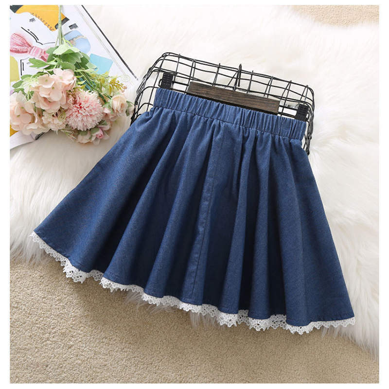 Girls Skater Skirt Denim Solid Color Bowknot Skirt with Lace Hem-DarkBlue