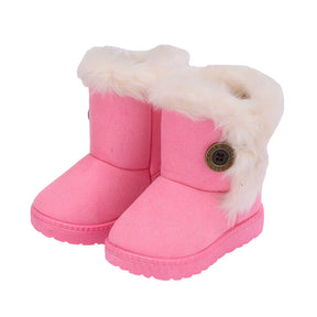 Girl's Boy's Cute Flat Shoes Button Winter Warm Snow Boots-Pink