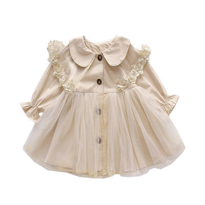 Girls Mesh Dress Spring and Autumn Doll Neck Mid length Trench Coat