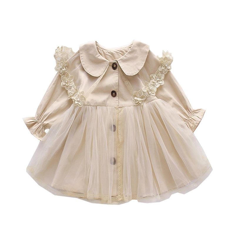 Girls Mesh Dress Spring and Autumn Doll Neck Mid length Trench Coat