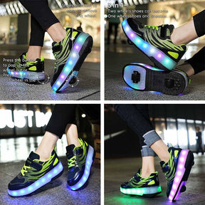 Kids Roller Skates Light up Shoes Sport Sneaker USB Chargable-Black Green