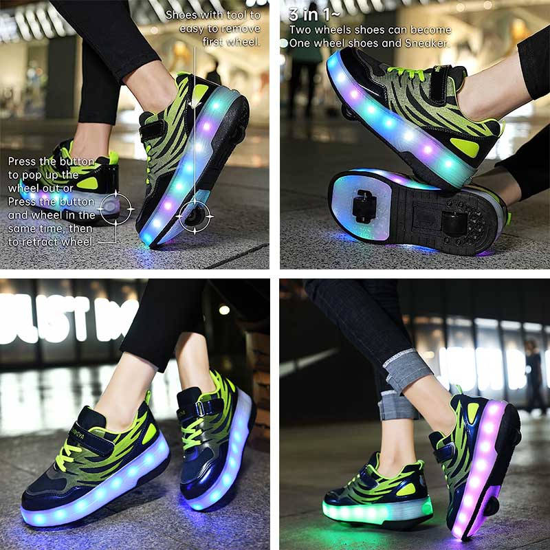 Kids Roller Skates Light up Shoes Sport Sneaker USB Chargable-Black Green