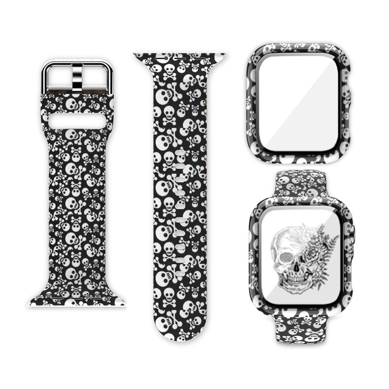 Silicone Printed Watch Band with Screen Protector Case for iWatch Series SE/6/5/4/3/2/1-Skull