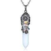 Antique Silver Flower Wrapped Crystal Necklace-Opalite