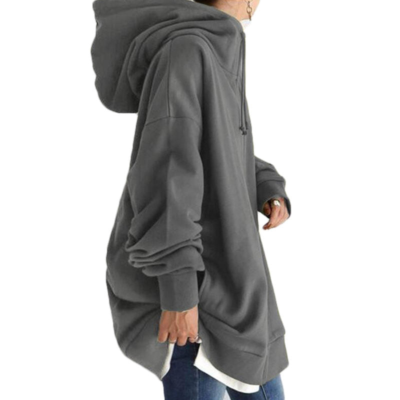 Womens Long Fleece Sweatshirt Simple Full Zip Hoodies-Gray