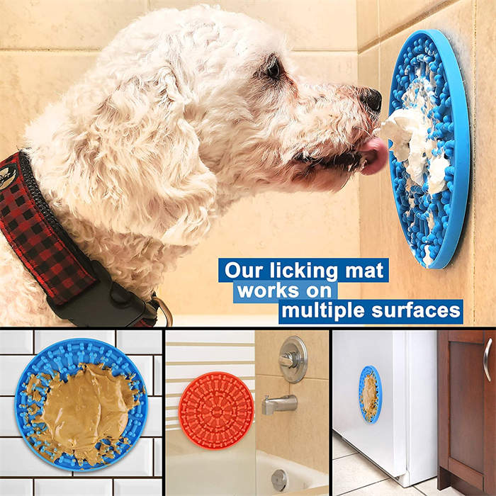 2 Pcs of Strong Suction Dog Lick Mat Durable Slow Feeder Pad for Pet Bathing-Blue Red