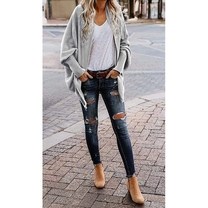 Women's Batwing Knitted Oversized Slouchy Solid Cardigan Sweater Knit Outwear-Light Gray