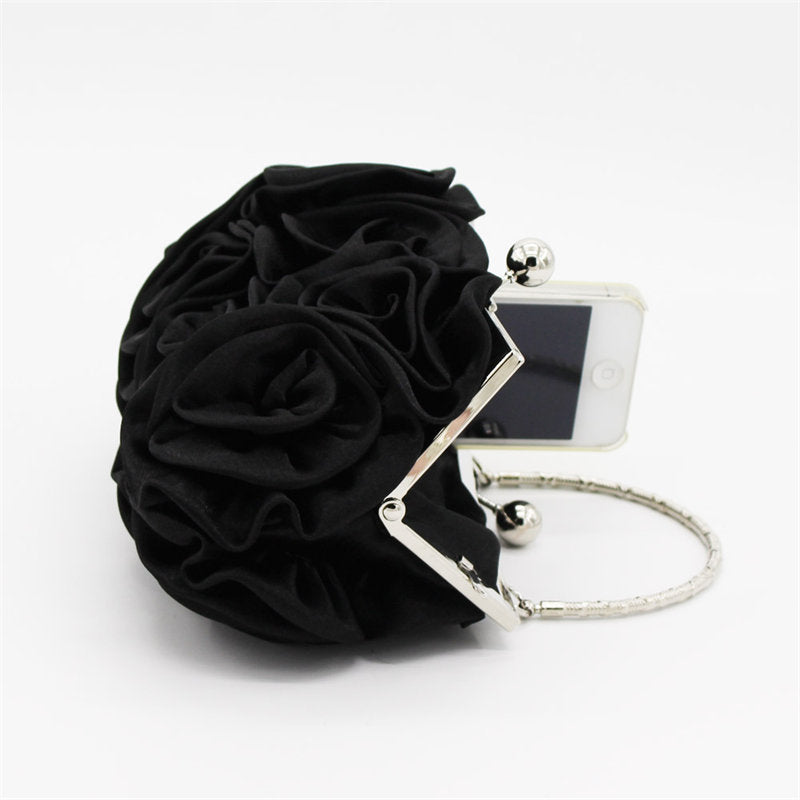 Roses Clutch Purse Satin Money Clip Evening Handbag-Black