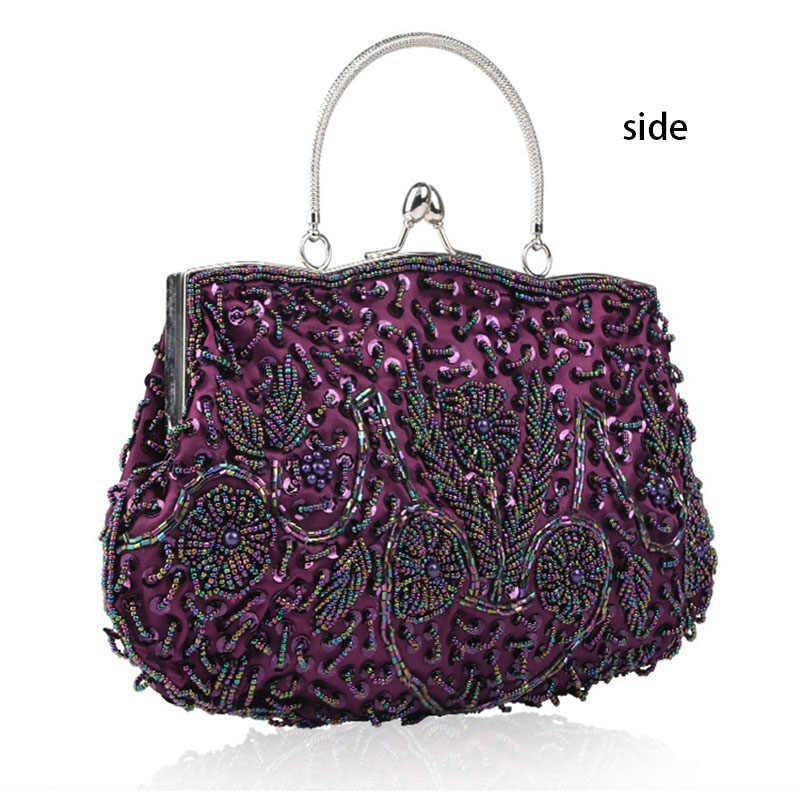 Beaded Sequin Design Flower Evening Purse Large Clutch Bag-Purple