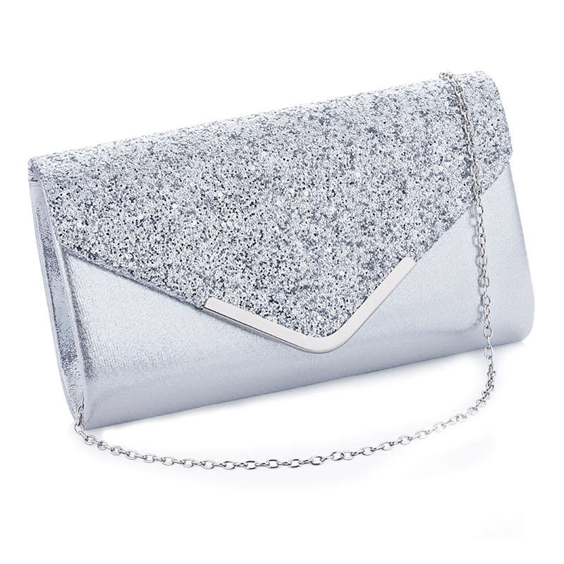 Women Evening Envelope Clutch Prom Sequin Shoulder Cross Body Bag-Silver