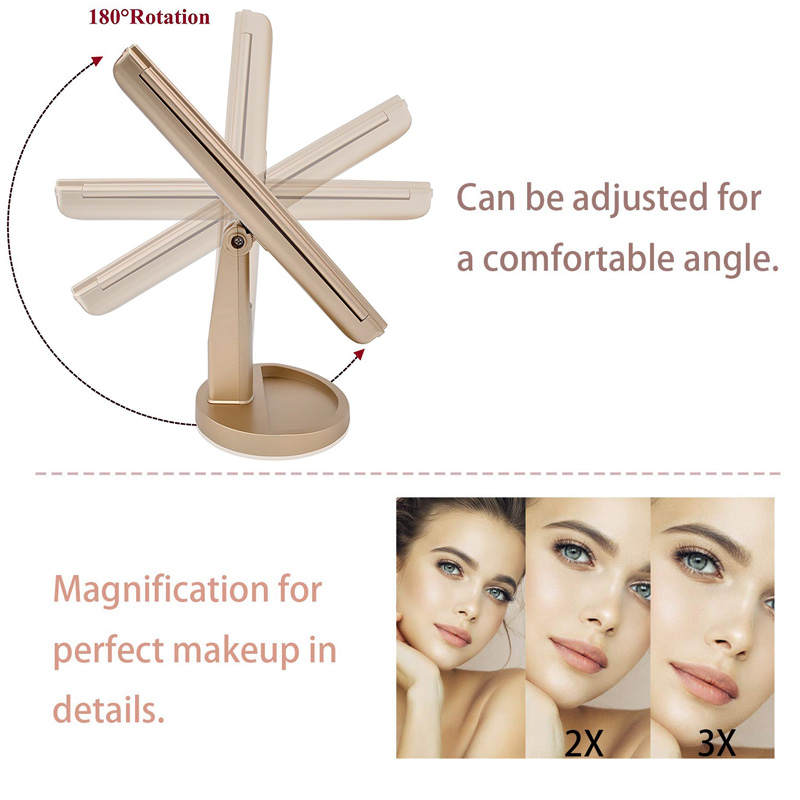 Home & LivingTri-Fold Lighted Vanity Mirror with 22 LED Lights 3X/2X/10X Magnification Make Up Mirror-Champange