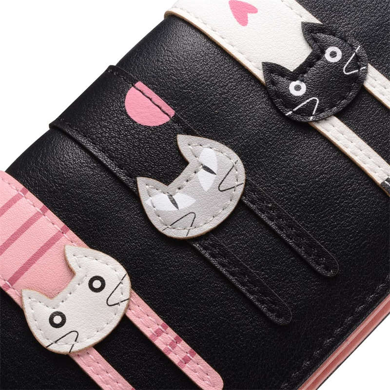 Womens Cute Cat Wallet Bifold Long Coin Purse with Zipper-Black