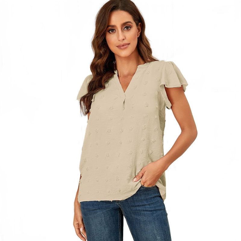 Womens Ruffle Shirts V Neck Short Sleeve Pom Chiffon Blouses Tops-Apricot