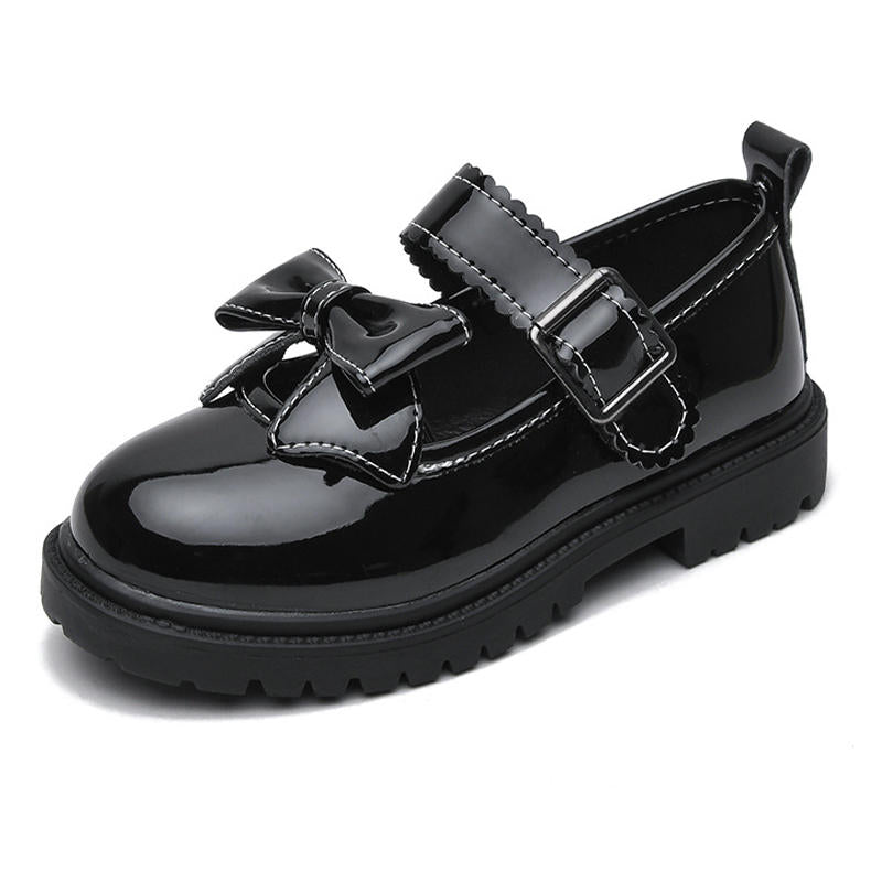 Girls Bowknot Mary Jane Shoes Hook & Loop Wedding Party Flats-Black