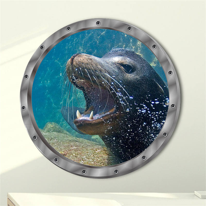 Removable 3D Under The Sea Nature Scenery Decor Submarine Window Sea Lions Wall Sticker