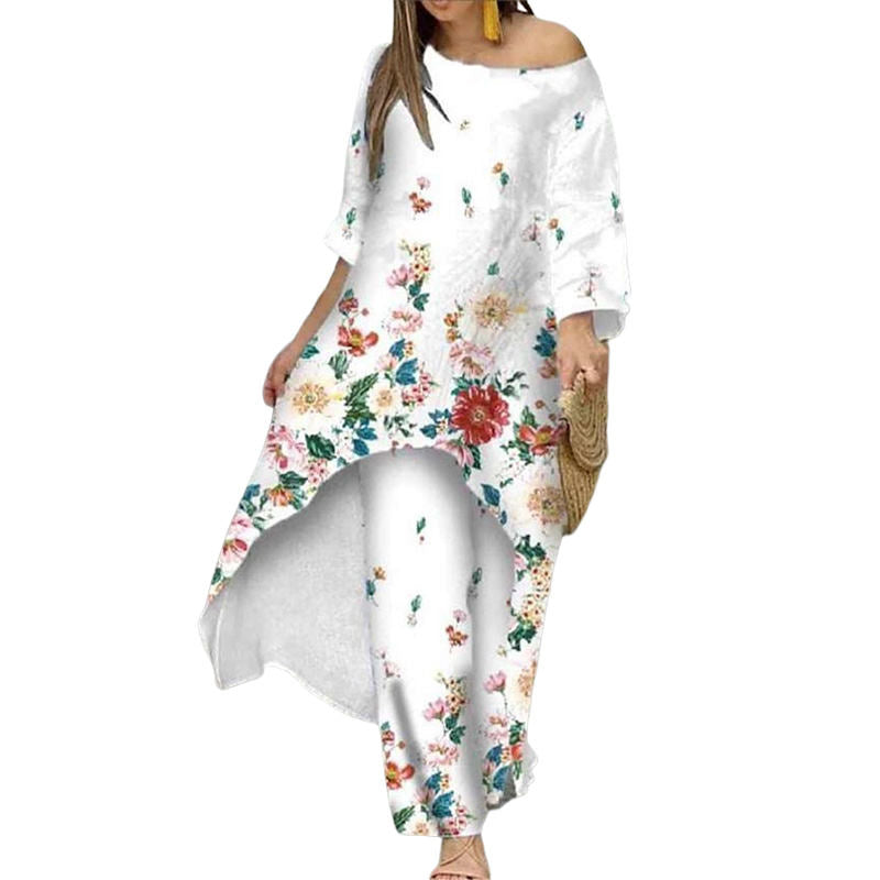 Womens Off Shoulder Irregular Printed Cropped Sleeve Wide Leg Pants Suit-1