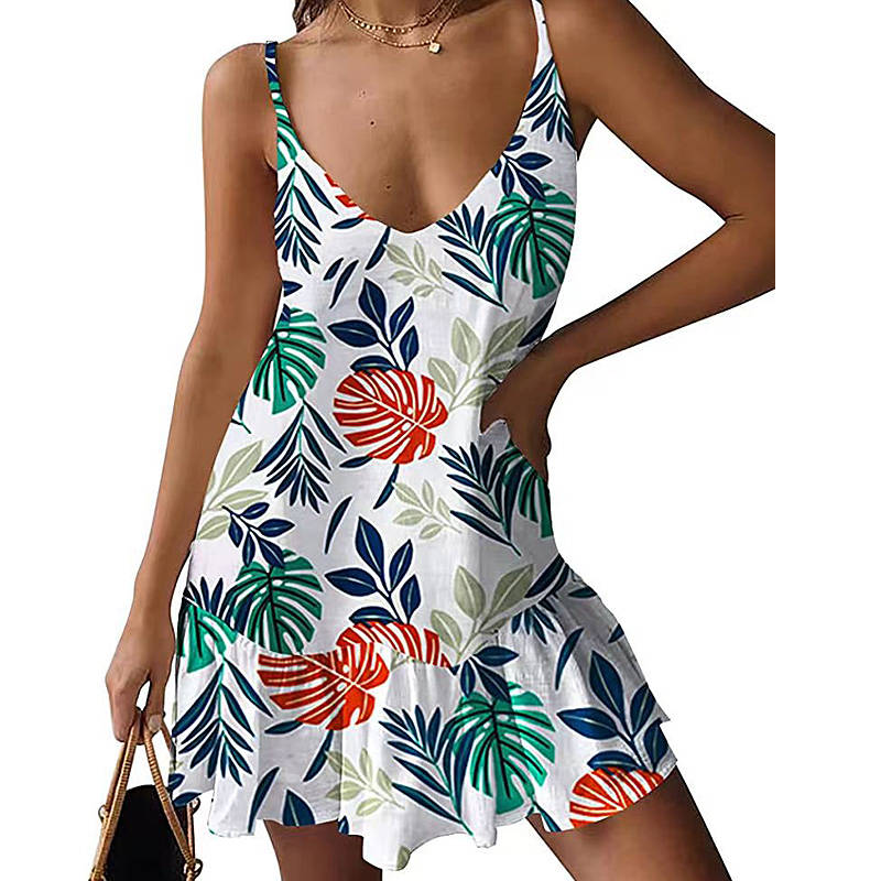 Womens Summer Mini Dress Printed V Neck Spaghetti Strap A-Line Short Sundress-Printed White2