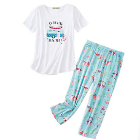 Womens Short Sleeve Casual Prints Pajama Cropped Trousers Set-Green Car