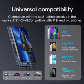 45W 4 Ports Fast Car Charger Adapter PD3.0 & QC3.0 Cigarette Lighter for iPhone Samsung