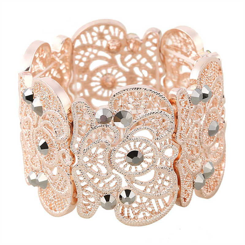 Womens Vintage Filigree Cuff Bangle Bracelet-RoseGoldBlack